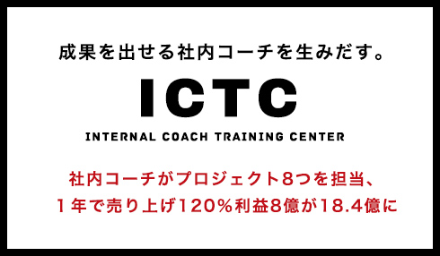 成果を出せる社内コーチを生みだす。 ICTC Internal Coach Training Center 社内コーチがプロジェクト8つを担当、1年で売り上げ120%利益8億が18.4億に